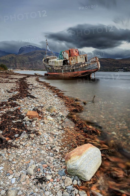 Shipwreck, coast, sea, mountains, long exposure, cloudy, autumn, Corpach Shipwreck, Corpach, Fort William, Scotland, Great Britain