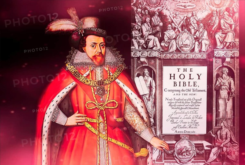 James VI and I, James Charles Stuart, 1566 – 1625, King of England, Scotland and Ireland, Frontispiece to the King James' Bible, 1611, digitally edited