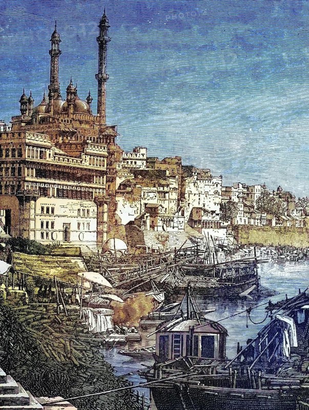 City of Benares on the Ganges, India, coloured wood engraving, reproduction from a model from ca 1888, Historical, Historical depiction of a lively oriental city on the river with boats