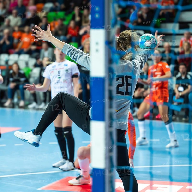 The goalkeeper saves shot during handball game