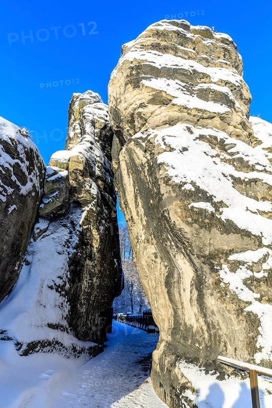 Neurathen rock gate and Bastei bridge on a winter morning, Saxon Switzerland, Saxony, Germany