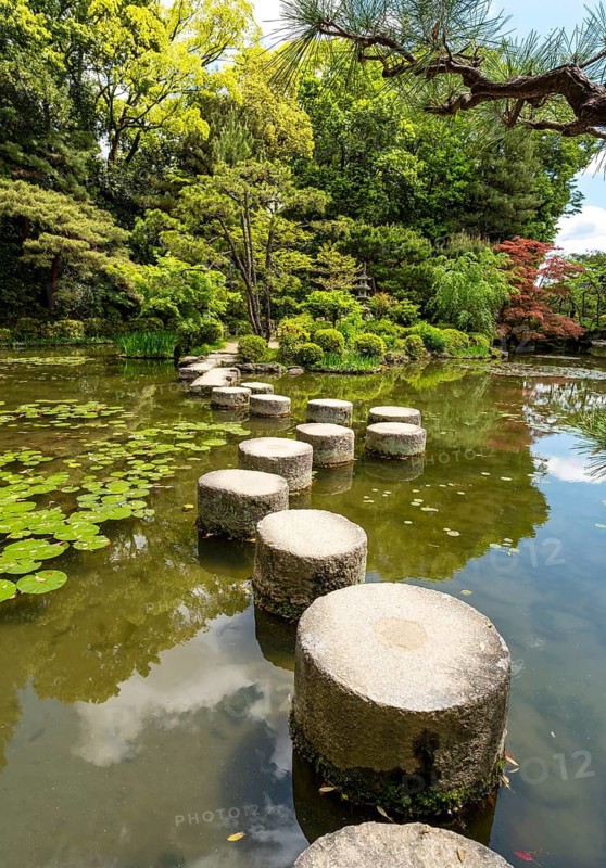 Garyukyo stepping stones across the pond at Heian-jingu Shrine, Kyoto, Japan