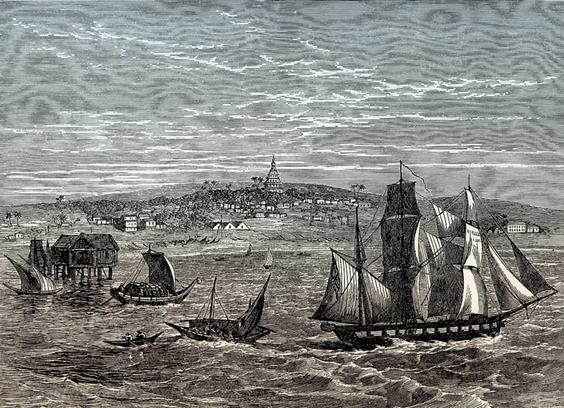 Historical view of Yangon also known as Rangoon, Myanmar, early 19th century, From British Battles on Land and Sea, by James Grant