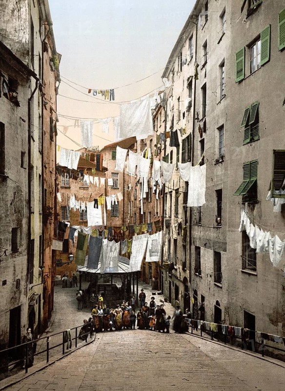 Public laundry of St. Brigida, Genoa, Italy, Public laundry of St. Brigida, Genoa, Italy, Historical, digitally restored reproduction from a 19th century original, 1880, Record date not stated