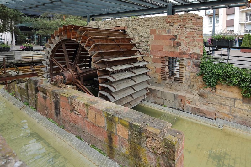 Historic water mill with water wheel, Haguenau, Hagenau, Bas-Rhin, Alsace, France