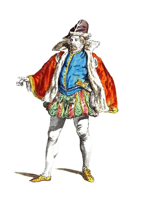 Historical clothing, fashion over time, clothing of a merchant from Meissen in 1577, Germany, digitally restored reproduction of an 18th/19th century model, exact date unknown, man in Renaissance outfit with striped trousers and red coat, wearing pointed hat