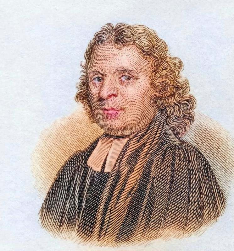 William Derham, (born 26 November 1657 in Stoulton, Worcestershire, died 5 April 1735 in Upminster) was an English clergyman and natural philosopher, coloured woodcut from Crabbe's Historical Dictionary from 1825, Historical, digital reproduction