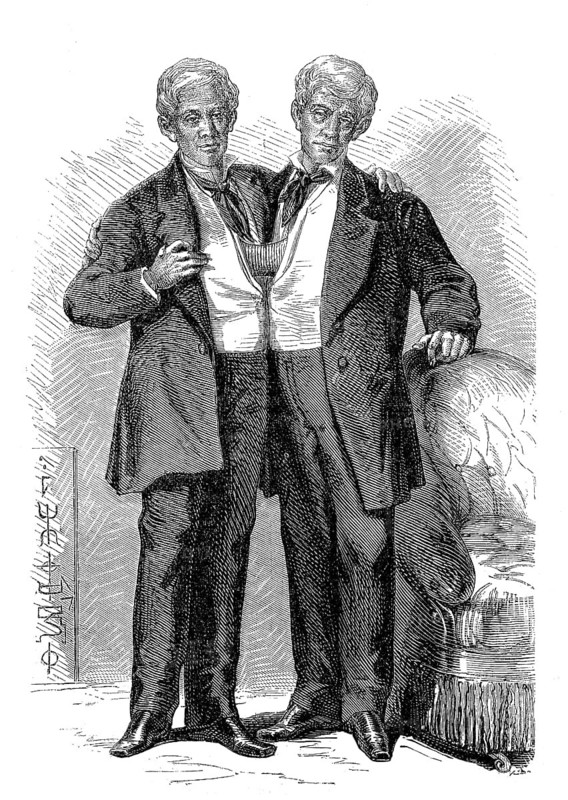 Chang and Eng Bunker, 11 May 1811, 17 January 1874, were conjoined twins who gave their name to this deformity, Historic, digitally restored reproduction of an original 19th century master, exact original date unknown