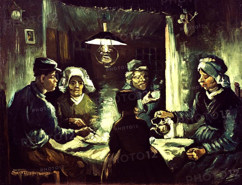 The Potato Eaters (1885), painting by Vincent Willem van Gogh (born 30 March 1853 in Groot-Zundert, died 29 July 1890 in Auvers-sur-Oise), Dutch painter and draughtsman, one of the founders of modern painting. The painting was intended to depict the harsh reality of rural life, which is why he gave the peasants coarse faces and bony, working hands, illustration, reproduction from a painting. Authentic, exact date of original unknown, Historical, A family sits around a table in a dark room eating dinner