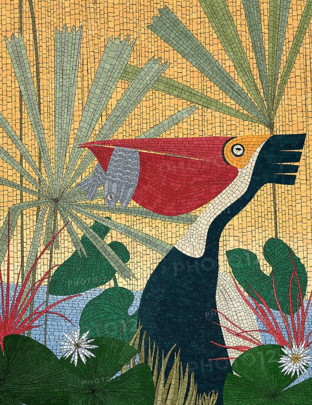 Mosaic art composition with pelican and fish. Vector background