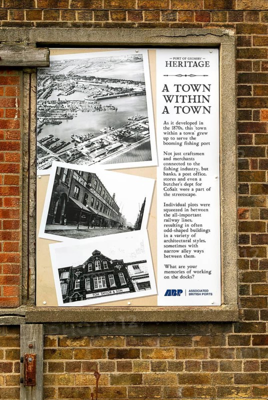 Port of Grimsby heritage history information notice, Grimsby docks, north east Lincolnshire, England, UK