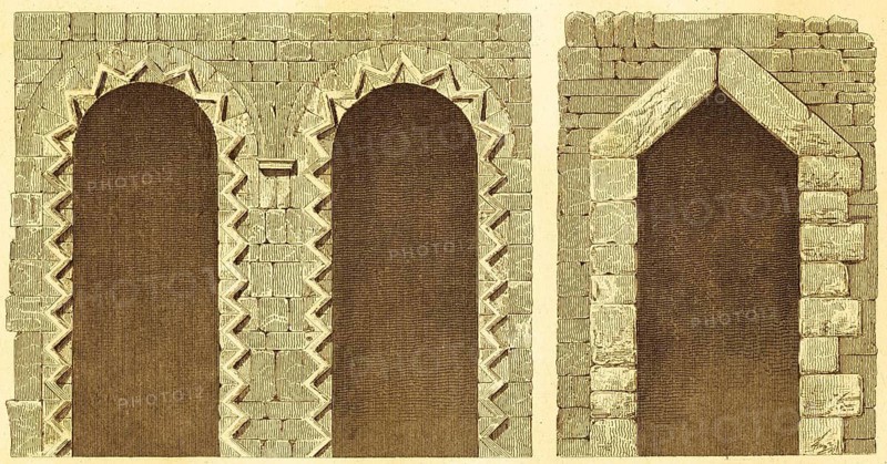 Entrance (right) and doors (left) of Westminster Palace, Palace of Westminster, architecture, stone building, round arch, ornamentation, London, Anglo-Saxon period, England, Great Britain, steel engraving, historical illustration 1842