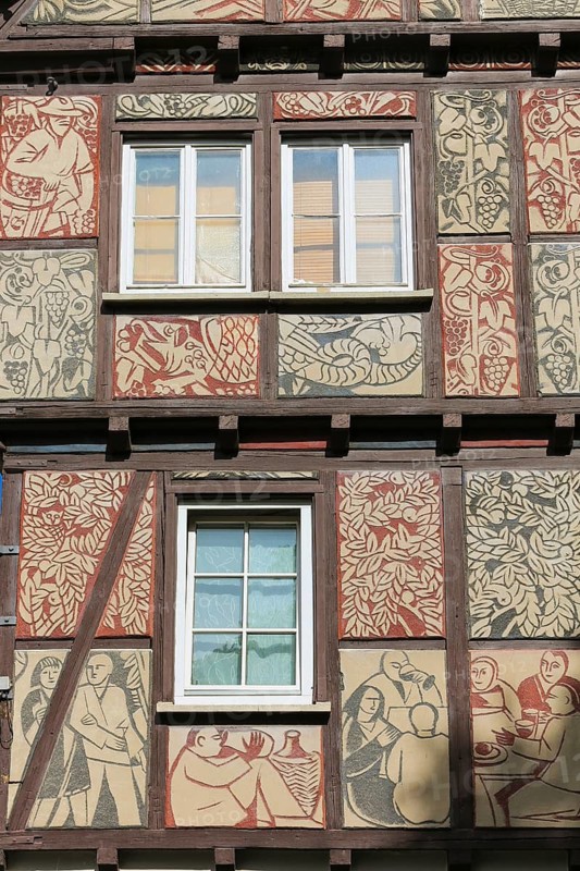 Half-timbered house, former restaurant Tübinger Tor, facade painting, window, Reutlingen, Baden-Württemberg, Germany