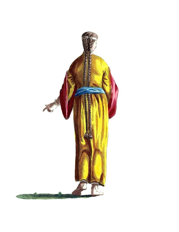 Historical clothing, fashion over time, traditional costume of a woman of the Moors around 1695, digitally restored reproduction of a model from the 18th/19th century, exact date unknown, woman in yellow robe and long braided hair shown from behind