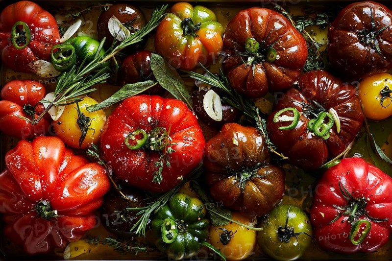 Top view of a variety of fresh tomatoes seasoned with herbs, spices, and olive oil, highlighting vibrant colors and a homemade touch, ideal for culinary themes
