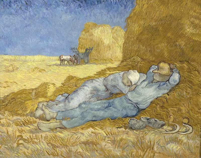 The Siesta, The Siesta, Painting by Vincent Willem van Gogh (born 30 March 1853 in Groot-Zundert, died 29 July 1890 in Auvers-sur-Oise), Dutch painter and draughtsman, one of the founders of modern painting, Illustration, Reproduction from a painting. Authentic, exact date of the original unknown, Historical, Two peasants lie on haystacks during a break, while a dog is nearby