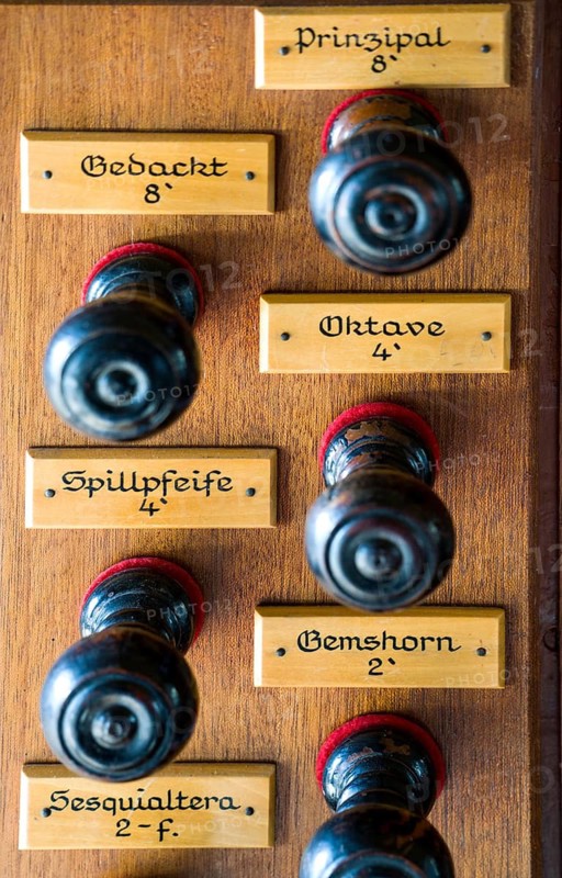 Protestant city church, register stop knobs of the Baroque organ from 1732, Helmarshausen, Bad Karlshafen, Hesse, Germany