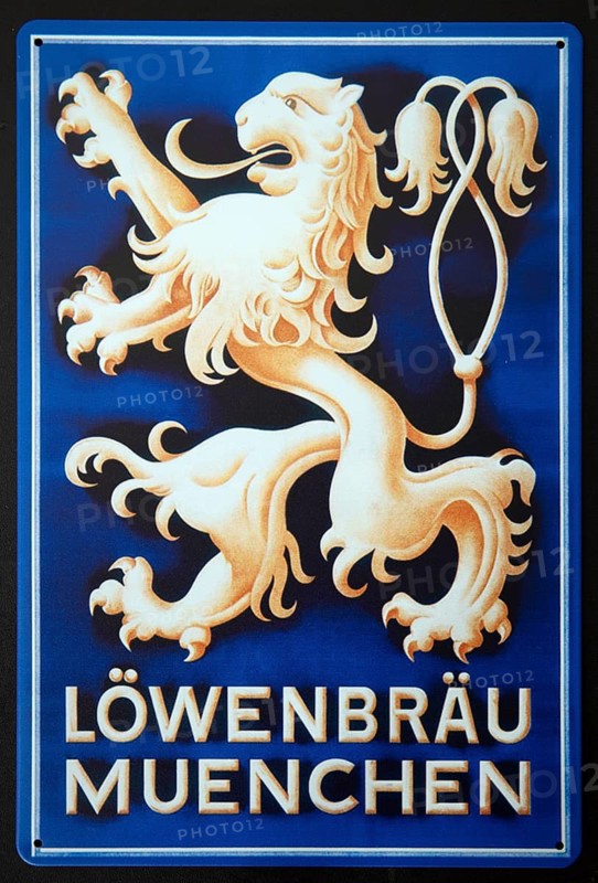 Sign, signs, tin signs, advertising signs, advertisement, nostalgia, old, old advertising signs, product advertising, company logo, company, company, trademark, collection, advertising, beer advertising, Löwenbräu, Munich, Lower Saxony, Federal Republic of Germany