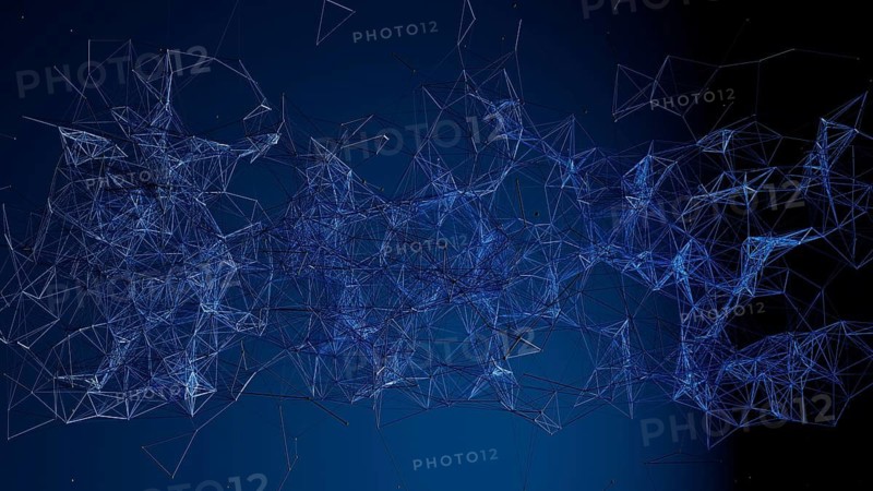 This artistic representation features a complex interplay of geometric shapes set against a dark blue backdrop, perfect for tech-focused themes