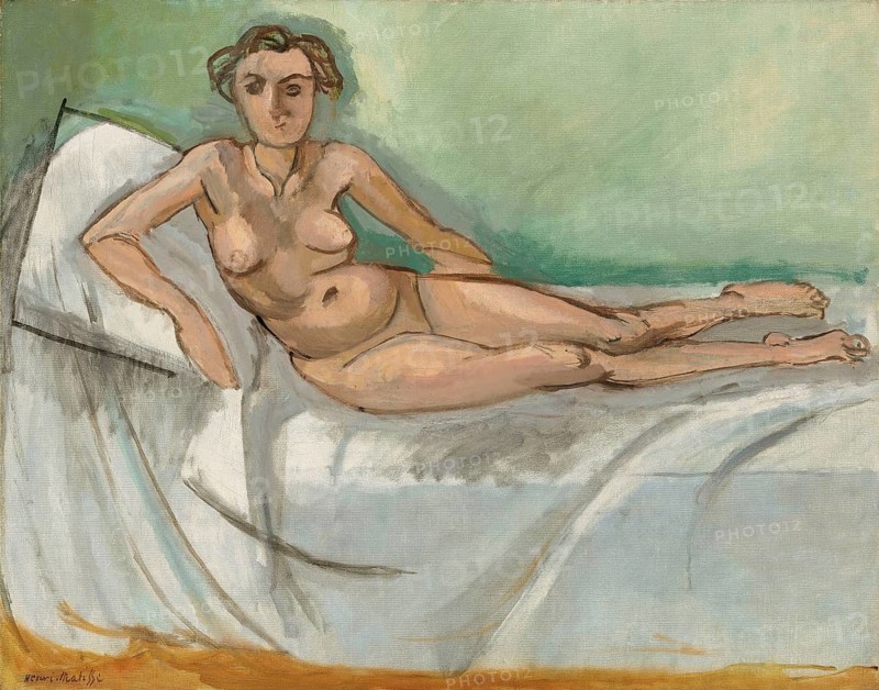Henri Matisse, Henri Emile Benoit Matisse (born 31 December 1869, died 3 November 1954 in Cimiez), French painter, graphic artist, draughtsman, Classical Modernist. Here his work:, Nu demi couché (1918), Nude Half-lying, Half-lying nude, Painting, Reproduction of the painting, Work of art, Historical, Reclining figure of a woman in pastel-coloured room
