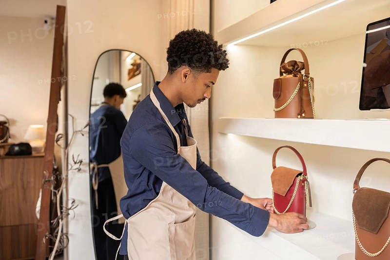 A dedicated employee arranges stylish handbags on the illuminated shelves of a boutique bag store, focusing on presentation and customer appeal amidst an elegant interior setting