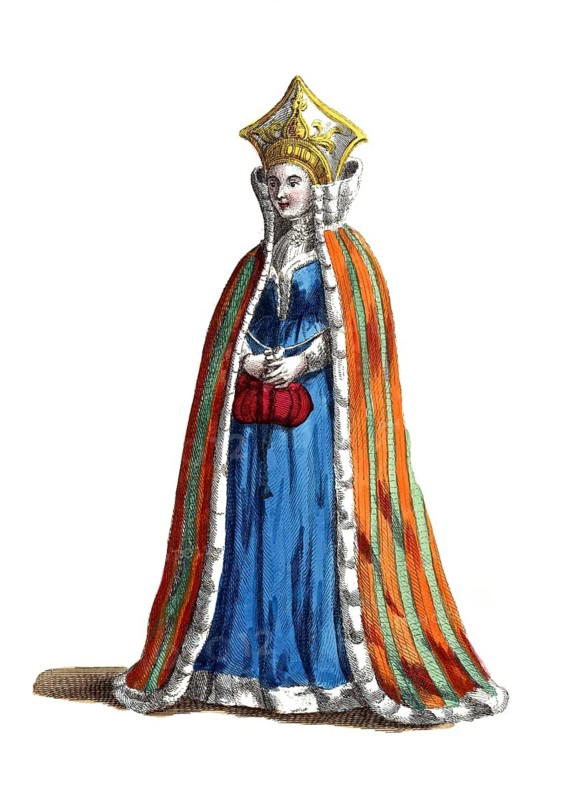 Historical clothing, fashion over time, traditional costume of a lady from Livonia in 1577, Livonia, Baltic States, digitally restored reproduction of a model from the 18th/19th century, exact date unknown, lady in ceremonial traditional dress with crown and blue and red coat