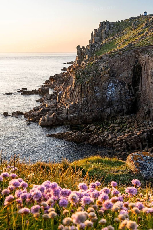 Coastal landscape at Land's End. Flowering sea carnations (Armeria maritima) in the foreground. Land's End, Penzance, Cornwall, England, Great Britain