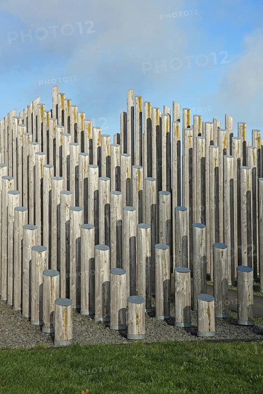 Pole pyramid sculpture, modern art, abstract art, art installation, large sculpture, many geometric wooden posts vertically in the ground, row, series, pyramid, RheinMain Regional Park, Rhine Main, Dreieich, Hesse, Germany