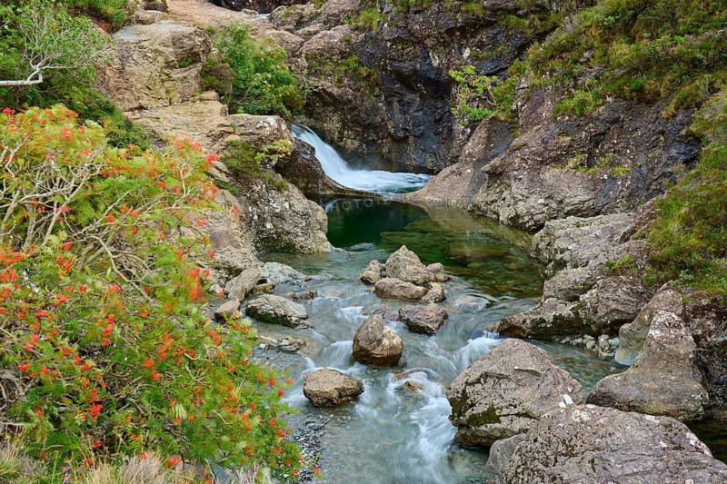 Clear mountain river with waterfall surrounded by rocks and plants with red color accents, Fairy Pools, Grula, Isle of Skye, Scotland, United Kingdom, Great Britain