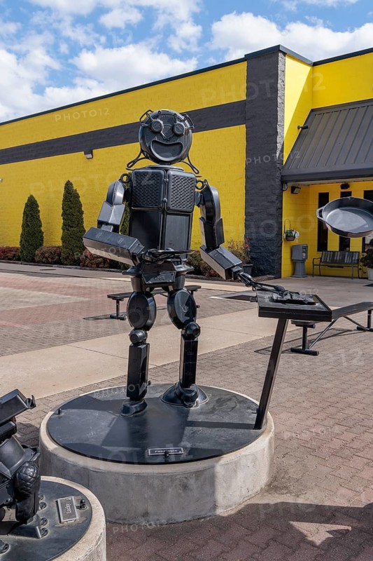 Cast iron robot sculptures at the entrance to the Lodge Museum of Cast Iron and factory store in South Pittsburg, Tennessee, USA