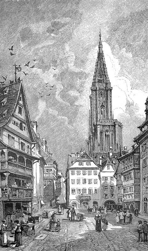 The piglet market in front of Strasbourg Cathedral, Strasbourg Cathedral, 1880, France, illustration, reproduction from a model from the 19th century. Authentic, file restored for optimal use, exact date of submission unknown, historical