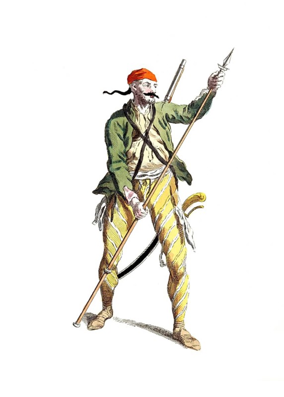 Historical clothing, fashion over time, clothing of a Russian Tolpache in 1742, digitally restored reproduction of a model from the 18th/19th century, exact date unknown, warrior with spear in green robe and yellow striped trousers
