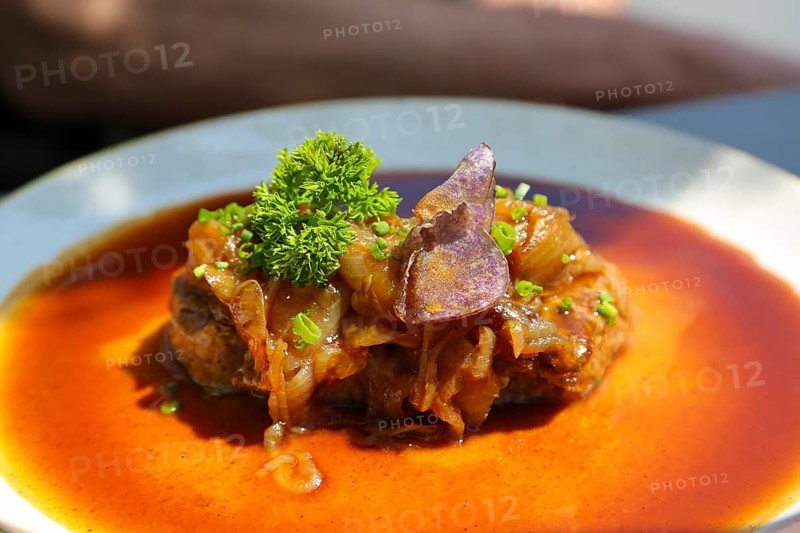 Swabian cuisine, roast onions, sautéed onions, roast beef with roasted onions, roast beef, beef, traditional main course, hearty, sauce, gravy, typical Swabian, hearty home cooking, plate, parsley, traditional cuisine, food photography, studio, Germany
