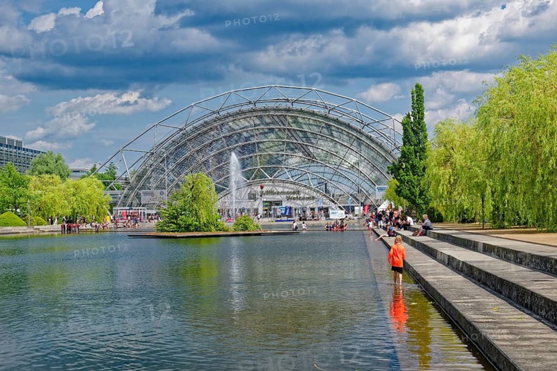 New Leipzig Trade Fair Centre, Leipzig Trade Fair, with glass entrance hall and water basin, trade fair complex, exhibition grounds, glass dome, event, trade, exhibition, Leipzig, Saxony, Germany