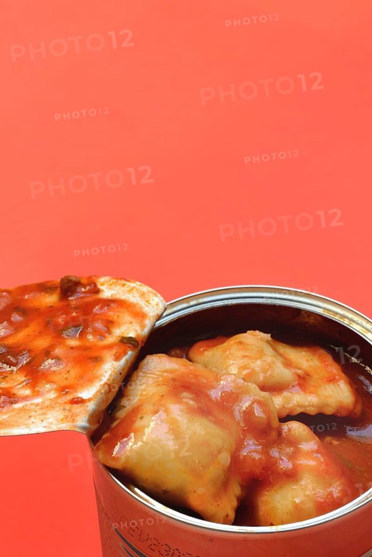 Tin ravioli, ready meal in open can