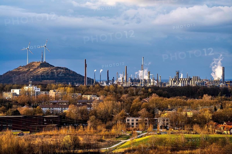 Scholven spoil tip with 2 wind turbines, right Ruhr Öl GmbH - BP Gelsenkirchen, refinery, North Rhine-Westphalia, Germany