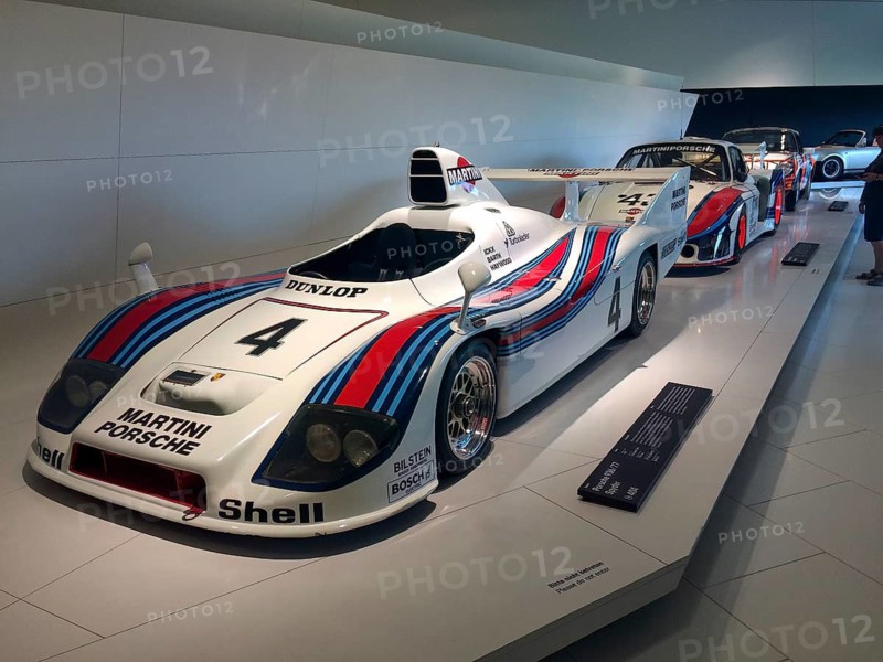 Porsche 936 77 racing car in Martini Racing design driven by racing driver Jacky Ickx and Jürgen Barth, Porsche Museum, Stuttgart, Baden-Württemberg, Germany