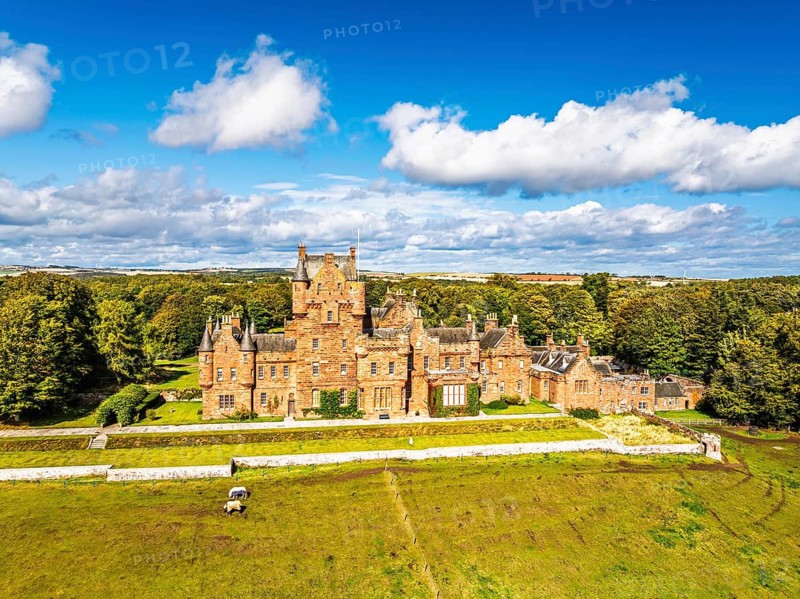 Ayton Castle from a drone, Ayton, Eyemouth, Scottish Borders, Scotland, UK