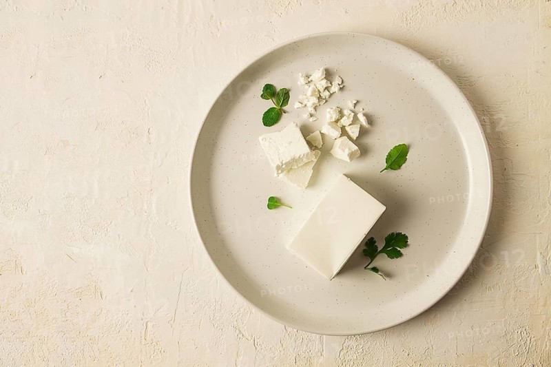 Cheese briquette for salads, Danish, white, top view, on a white plate