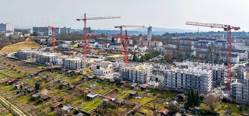 Böckinger Strasse neighbourhood construction site in Zuffenhausen. A total of around 460 new flats for various user groups are being built here. A project of the Internationale Bauausstellung StadtRegion Stuttgart 2027 (IBA'27) . Aerial view. Stuttgart, Baden-Württemberg, Germany