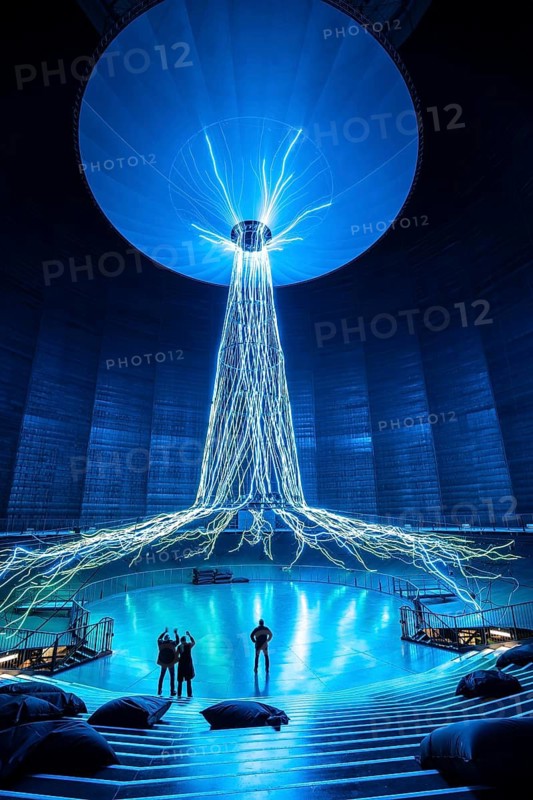 New exhibition at Gasometer Oberhausen, art sculpture The Tree, 40 meter high light installation, shows different stages of a tree with light and music, exhibition Myth Forest, on 3 levels and with several thematic chapters, the exhibition shows the diversity of the world's forests with pictures, videos and exhibits, North Rhine-Westphalia, Germany