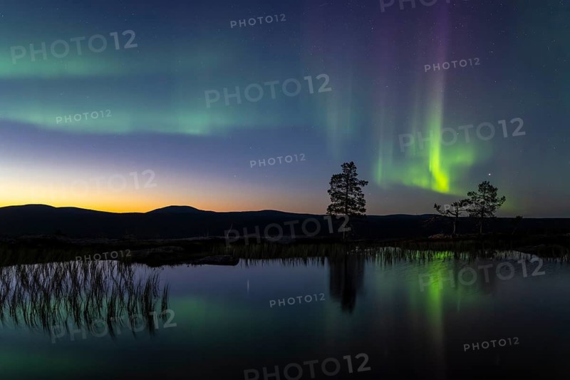 Northern Lights (Aurora borealis) reflected in a mountain lake, Norrbotten, Lapland, Sweden, September 2024