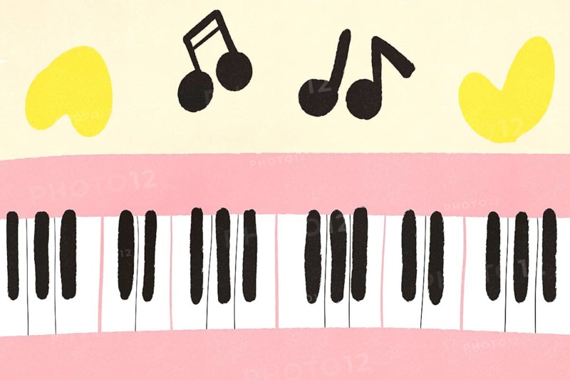 Charming illustration featuring a pink background, black and white piano keys, musical notes, and golden heart shapes. Perfect for music-themed designs and playful decor