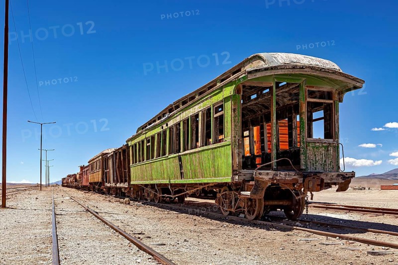 Rusty green passenger car rots in a sunny desert landscape, railroad cars in the town of Ollagüe in the Chilean Atacama Desert