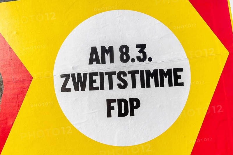 2026 state election in Baden-Württemberg. Election posters at a crossroads in Fellbach. The parties are now campaigning for the voters' second vote just in front of the ballot. FDP. Fellbach, Baden-Württemberg, Germany