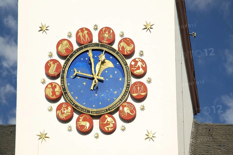 Astronomical clock with all astrological constellations, zodiac signs, twelve, 12, astrology, town hall, Worms, Rhineland-Palatinate, Germany