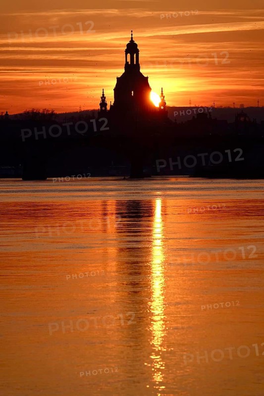 View of Church of Our Lady Dresden across the Elbe, sunset, winter, Saxony, Germany