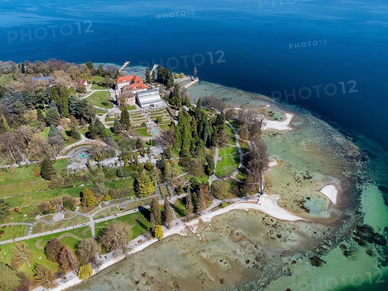 Aerial view of the island of Mainau at low tide with spring-like vegetation, district of Constance, Baden-Württemberg, Germany