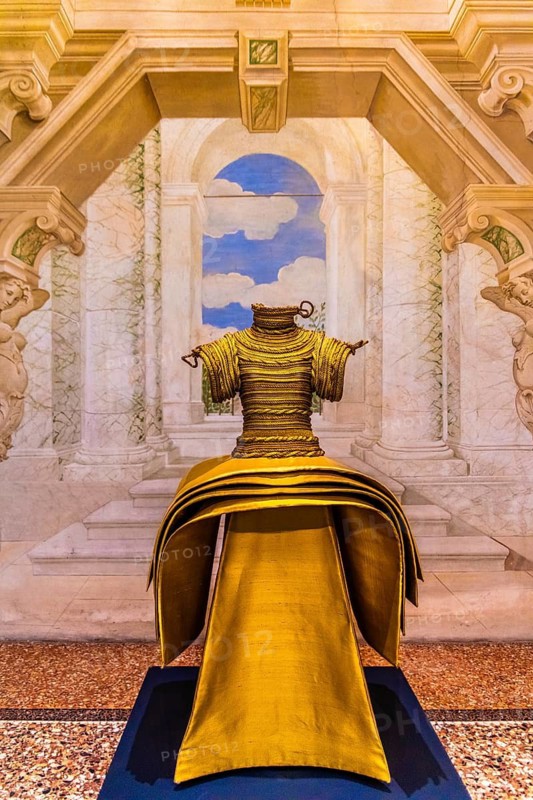 Sculpture made of silk suavage and golden ropes, 1995, exhibition of magnificent evening dress creations by fashion designer Roberto Capucci, 17th century Villa Manin, residence of Ludovico Manin, Codroipo, Friuli, Italy, Codroipo, Friuli, Italy