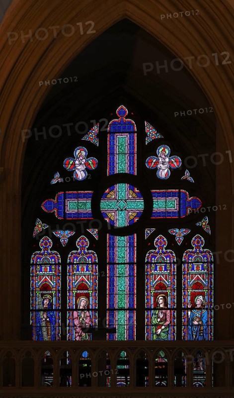 Interior view, stained glass window, coloured church windows, Cathédrale Notre-Dame de Bayeux, Bayeux, Calvados, France
